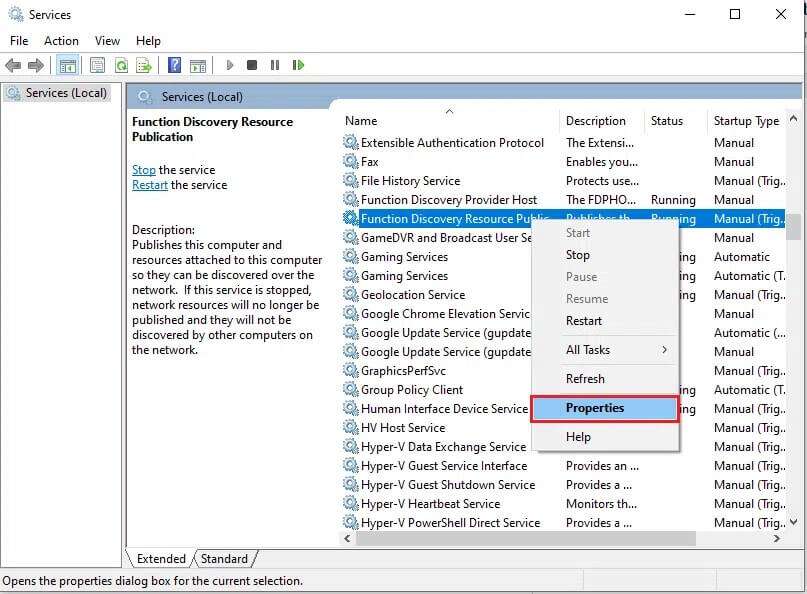 right-click-on-function-discovery-resource-publica-807x594 إصلاح عدم ظهور أجهزة الكمبيوتر على الشبكة في Windows 10