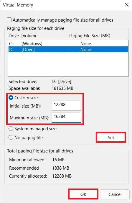 select-Custom-size-and-click-on-Set-in-the-Virtual-memory-window-448x687 إصلاح عدم تحميل تخصيص Halo Infinite في Windows 11