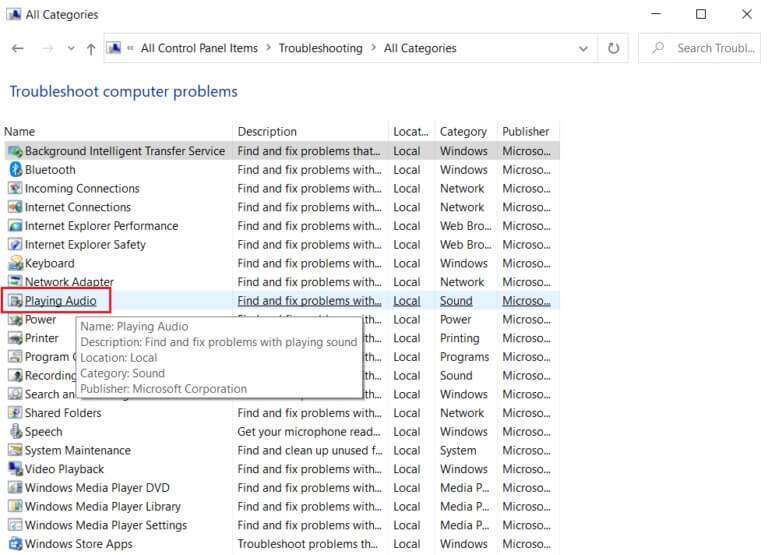 select-Playing-audio-from-the-Troubleshooting-view-all-menu-768x555-1-768x555 إصلاح عدم عمل التحكم في مستوى الصوت على Windows 10