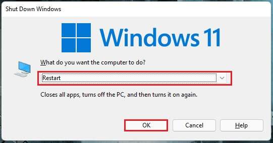 select-Restart-option-and-click-on-OK-Windows-11-541x284 إصلاح خطأ جهاز التمهيد الذي يتعذر الوصول إليه في Windows 11