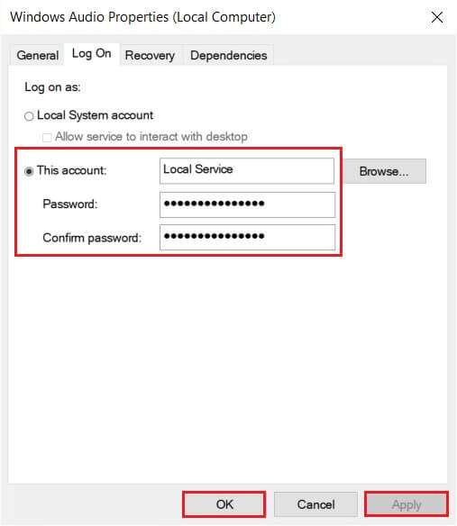 select-This-account-and-type-Local-service-and-fill-up-the-password-fields-in-Log-On-tab-of-Windows-Audio-Properties-507x584 كيفية إصلاح عدم عمل خدمة الصوت على Windows 10