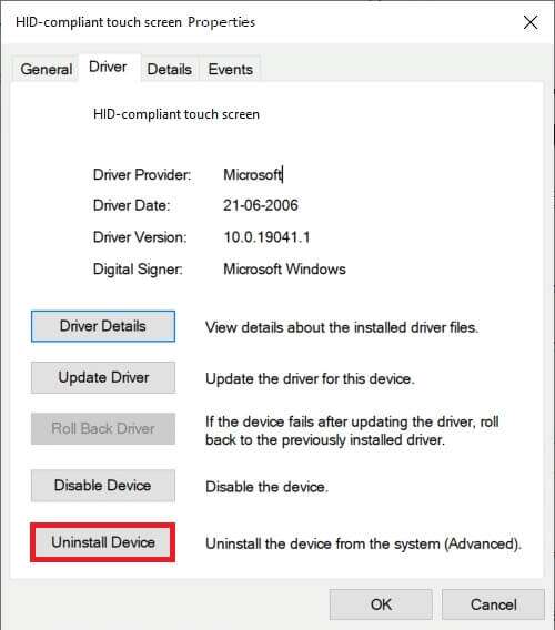 select-Uninstall-device-in-the-Driver-tab-of-HID-compliant-touch-screen-properties-500x568 كيفية إصلاح عدم عمل شاشة اللمس في Windows 10