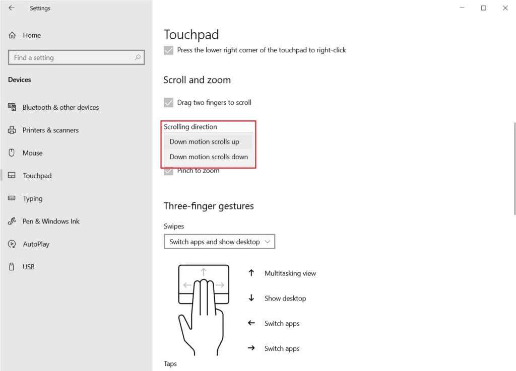 select-scrolling-direction-in-Scroll-and-zoom-section-for-drag-two-fingers-to-zoom-option-in-Touchpad-settings-1024x737-1-1024x737 إصلاح عدم عمل Touchpad Scroll على Windows 10