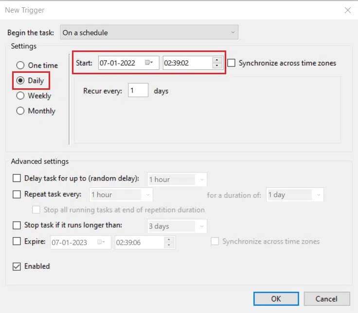 set-new-trigger-to-daily-and-start-time-and-date-in-Create-Task-window-Task-Scheduler-736x645 كيفية ضبط الإنذارات في Windows 10