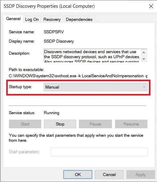 set-startup-type-to-manual-for-SSDP-Discovery-service-properties-505x585 إصلاح عدم ظهور أجهزة الكمبيوتر على الشبكة في Windows 10