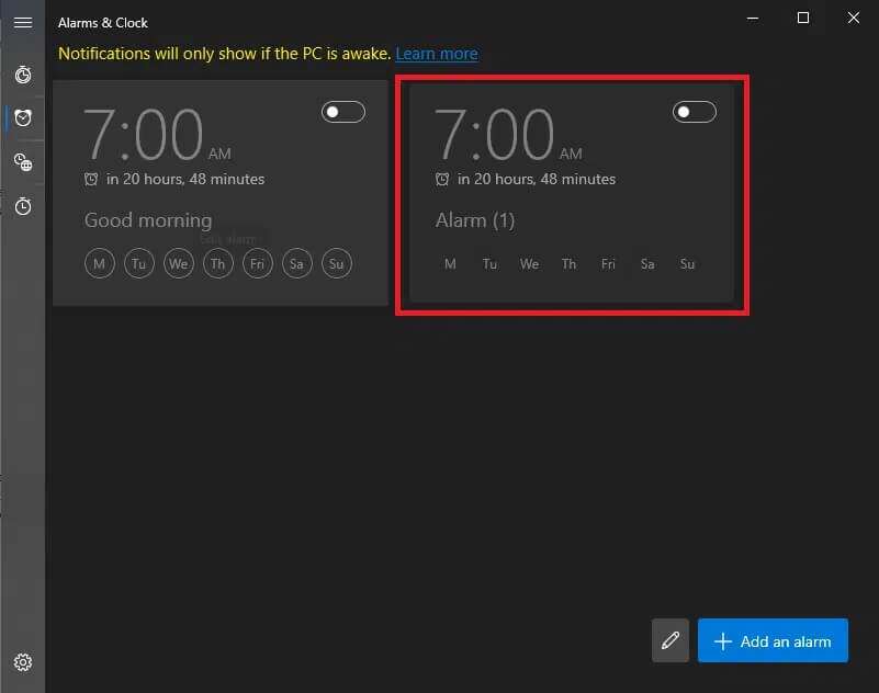 to-delete-an-alarm-click-on-the-saved-alarm-card-801x632 كيفية ضبط الإنذارات في Windows 10