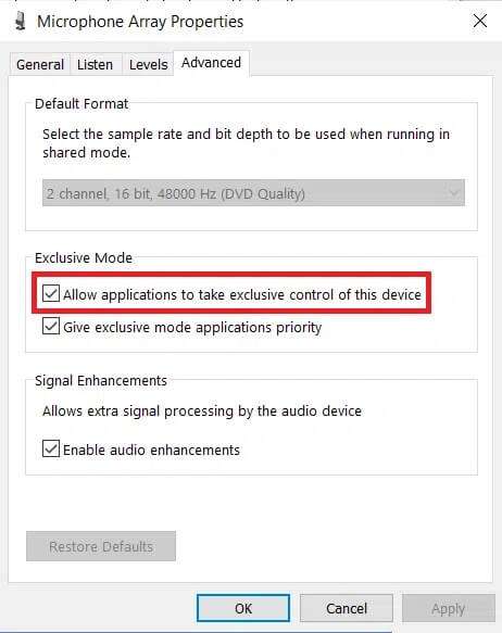 uncheck-the-box-allow-application-to-take-executi-462x583 كيفية إصلاح صوت الميكروفون منخفض جدًا على Windows 10