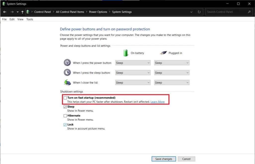 uncheck-the-turn-on-fast-startup-option-recommend-1024x662-1-1024x662 إصلاح عدم عمل وضع السكون في Windows 10