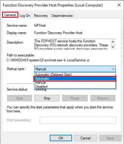 under-general-tab-click-startup-type-menu-and-cho-406x469 إصلاح عدم ظهور أجهزة الكمبيوتر على الشبكة في Windows 10