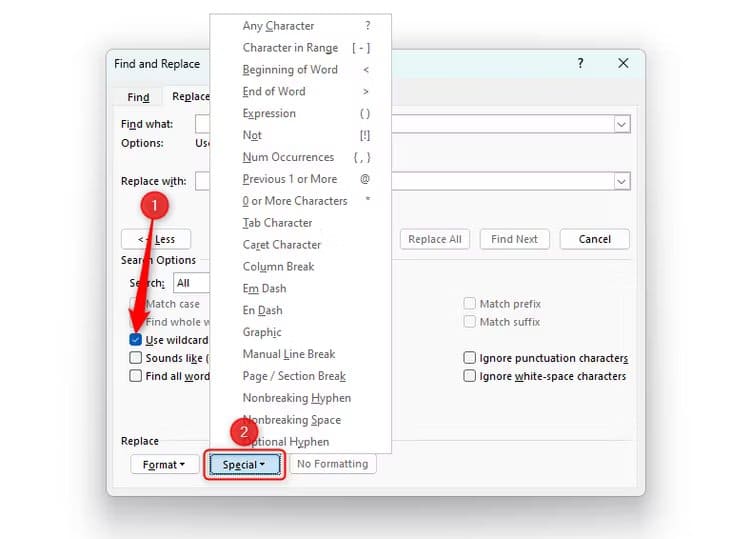 wildcard-special-characters-1 كيفية البحث عن النص واستبداله ( البحث والاستبدال ) في Microsoft Word