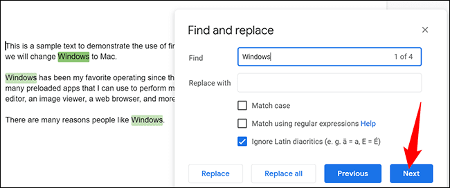 3-google-docs-desktop-next-occurence كيفية استخدام البحث والاستبدال في Google Docs