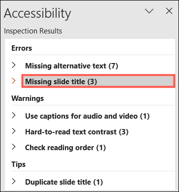 AccessibilityMissingSlideTitle-PowerPointSlideTitles كيفية إضافة عناوين إلى الشرائح في Microsoft PowerPoint