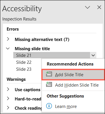 AccessibilityPanelAddSlideTitle-PowerPointSlideTitles كيفية إضافة عناوين إلى الشرائح في Microsoft PowerPoint