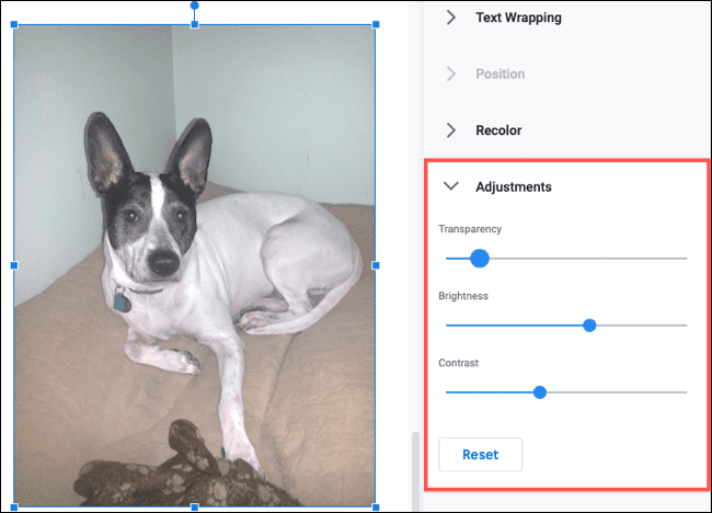 Adjustments-GoogleDocsEditImage كيفية اقتصاص الصور وتدويرها وضبطها في Google Docs