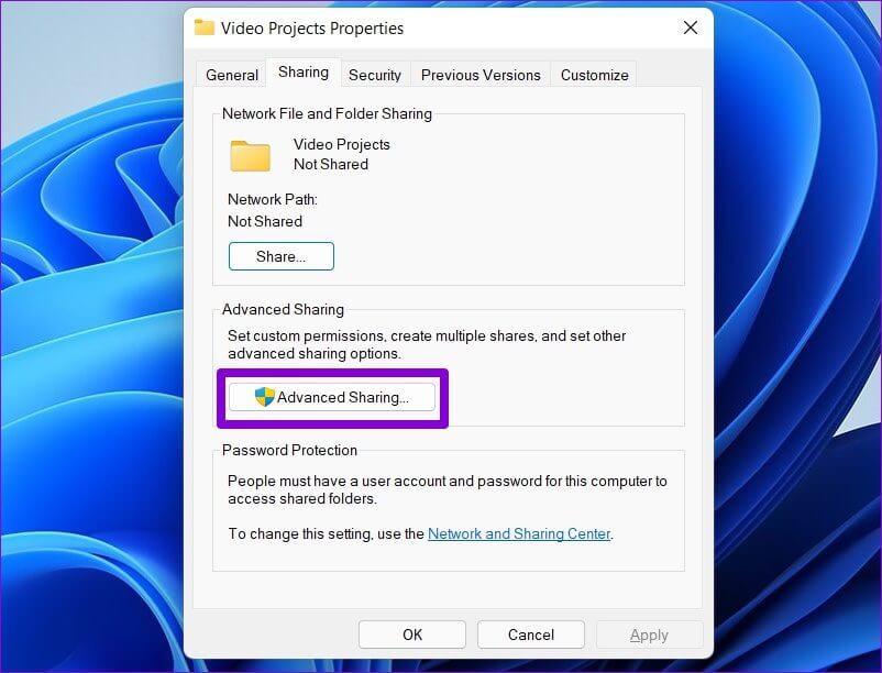 Advanced-Sharing-Options أفضل 7 طرق لإصلاح مشكلة "لا يمكن الوصول إلى المجلد المشترك" في Windows 11