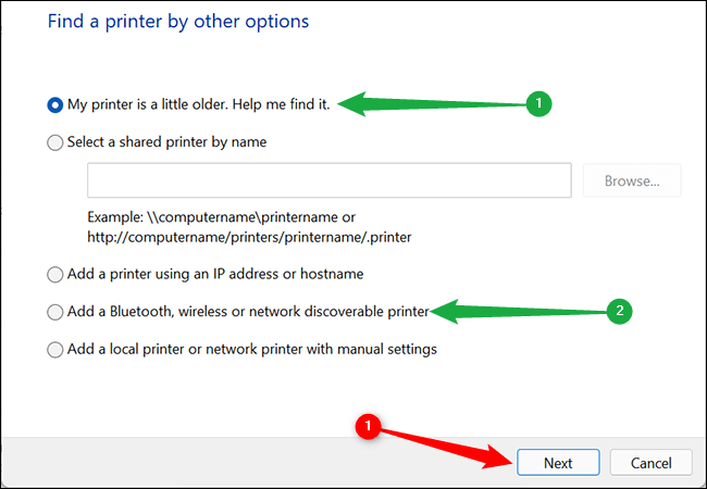 Click-1-or-2-green-then-next كيفية إضافة طابعة على Windows 11