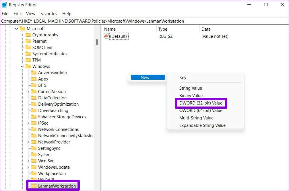 Create-New-DWORD أفضل 7 طرق لإصلاح مشكلة "لا يمكن الوصول إلى المجلد المشترك" في Windows 11