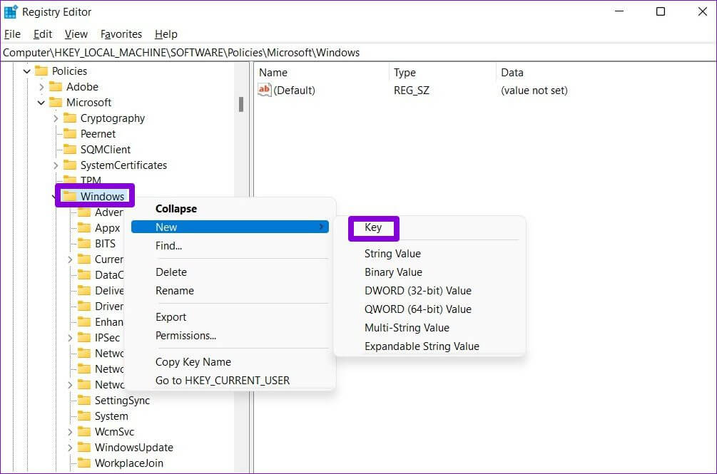 Create-New-Key أفضل 7 طرق لإصلاح مشكلة "لا يمكن الوصول إلى المجلد المشترك" في Windows 11