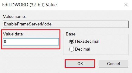 Edit-enableframeservermode-dword-value-and-change-value-data-to-0 إصلاح خطأ لا توجد كاميرا متصلة 0xa00f4244