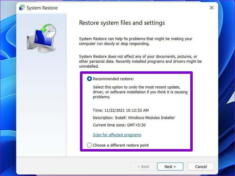 Perform-a-System-Restore أفضل 7 طرق لإصلاح خطأ موت العملية الحرجة الشاشة الزرقاء في Windows 11