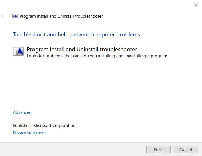 Program-Install-and-Uninstall-Troubleshooter إصلاح الميزة التي تحاول استخدامها موجودة على مورد شبكة غير متوفر