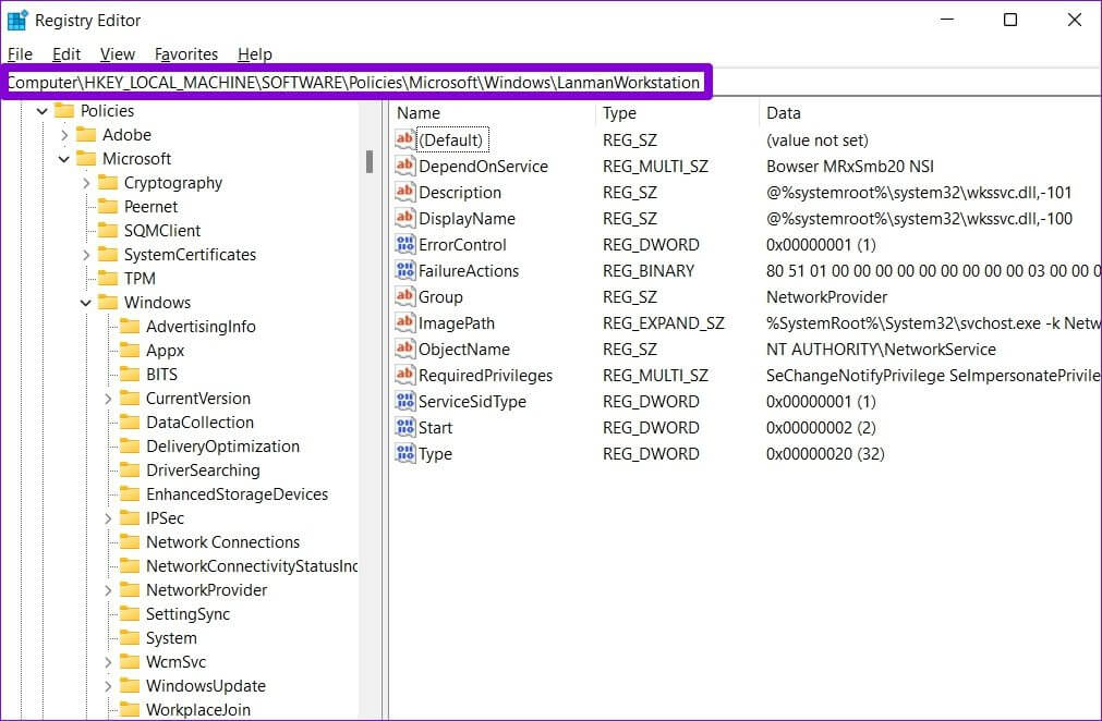 Registry-Editor أفضل 7 طرق لإصلاح مشكلة "لا يمكن الوصول إلى المجلد المشترك" في Windows 11