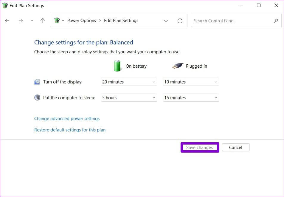 Save Changes to Plan - أفضل 3 طرق لتغيير وضع الطاقة في Windows 11