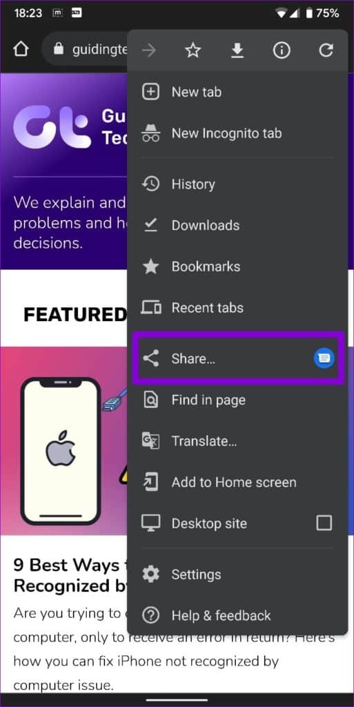 Share-Option-on-Google-Chrome-for-Mobile-513x1024-1 أفضل 3 طرق لمشاركة روابط صفحات الويب من Google Chrome