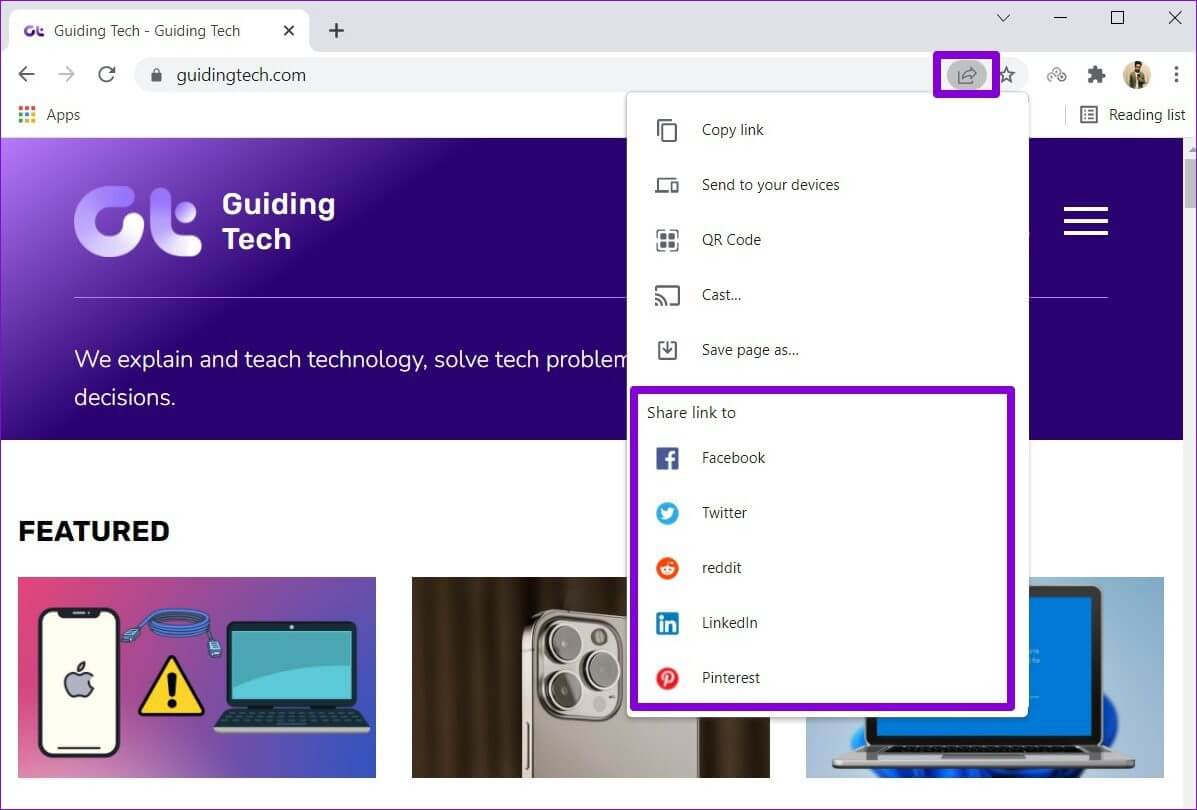 Share-Page-Link-to-Social-Sites-from-Chrome أفضل 3 طرق لمشاركة روابط صفحات الويب من Google Chrome