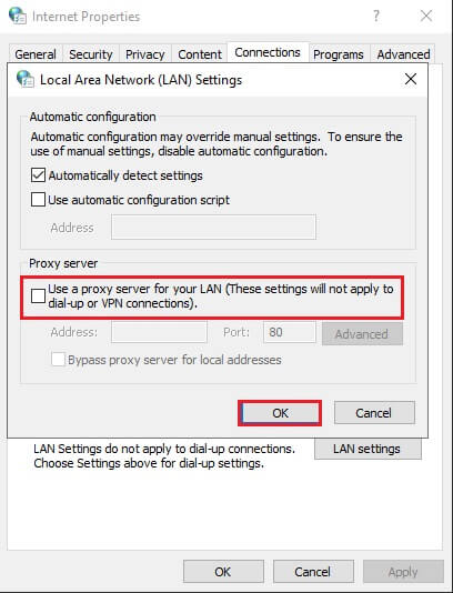 Uncheck-the-boxthat-says-Use-a-proxy-server-for-your-Lan-and-click-on-OK إصلاح خطأ التثبيت 0x8007012a في تحديث Windows