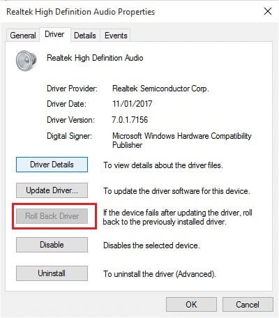Under-High-Definition-Audio-properties-click-on-Roll-back-drivers-1 إصلاح عدم عمل صوت Zoom في Windows 10