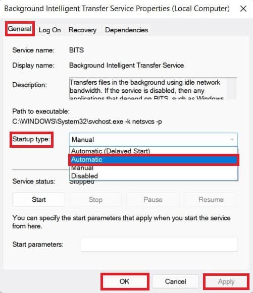background-instelligent-transfer-service-propertie إصلاح خطأ التثبيت 0x8007012a في تحديث Windows