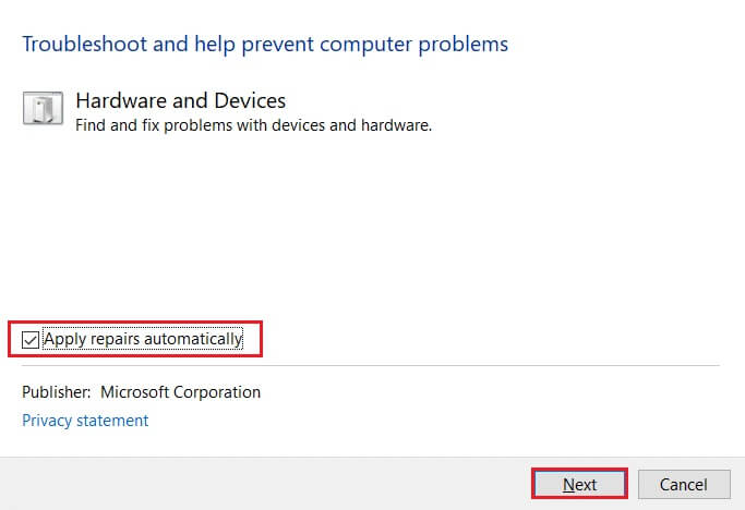 check-apply-repairs-automatically-option-in-hardware-and-devices-troubleshooter-and-click-on-Next-1 إصلاح خطأ لا توجد كاميرا متصلة 0xa00f4244