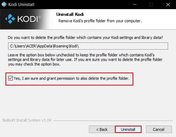 check-yes-i-am-sure-and-grant-permission-to-also-delete-the-profile-folder-and-click-on-Next-in-Kodi-Uninstall-wizard إصلاح فشل تحديث Kodi