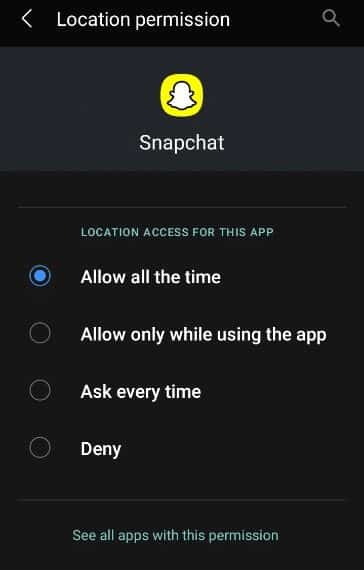 choose-allow-all-the-time-to-provide-the-permissio إصلاح عدم تحميل القصص على Snapchat