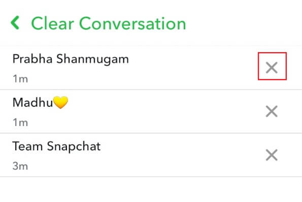 choose-and-tap-cross-mark-on-the-friends-conversa إصلاح عدم تحميل القصص على Snapchat