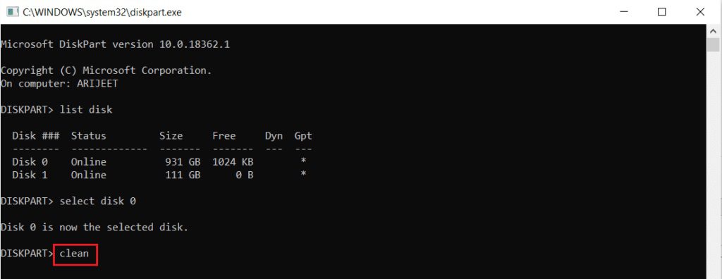 clean-command-in-diskpart-command-prompt-or-cmd-window-1024x396-1 إصلاح لا يمكن إنشاء قسم مساحة جديد غير مخصص على Windows 10