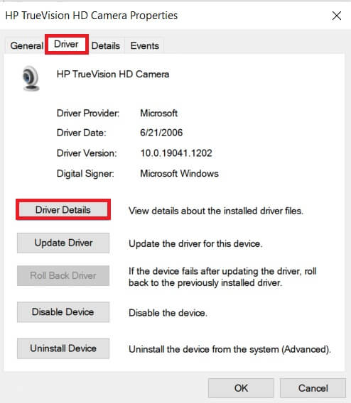 click-driver-details إصلاح خطأ لا توجد كاميرا متصلة 0xa00f4244