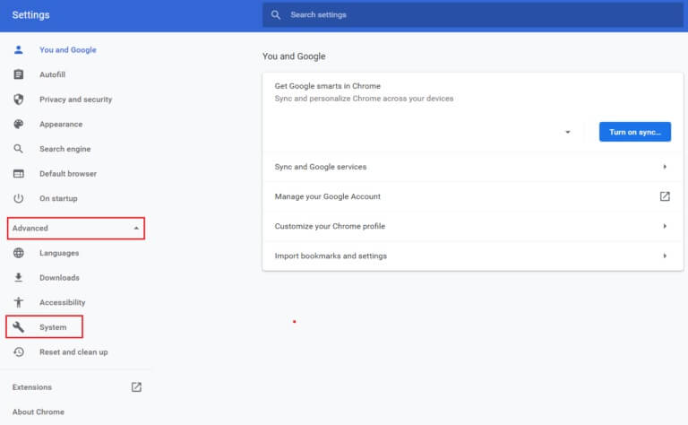 click-on-Advanced-and-select-System-in-Google-Chrome-Settings-768x474-2 إصلاح الإستخدام العالي للقرص Ntoskrnl.exe