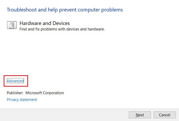 click-on-Advanced-option-in-Hardware-and-Devices-Troubleshooter-1 إصلاح خطأ لا توجد كاميرا متصلة 0xa00f4244