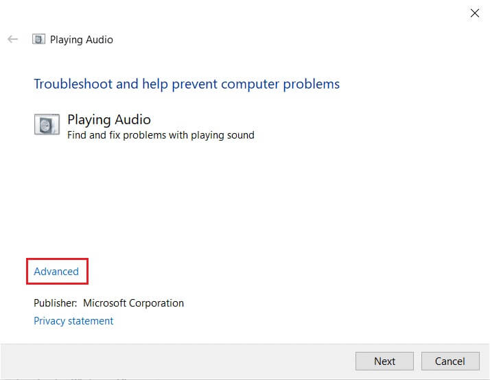 click-on-Advanced-option-in-Playing-Audio-Troubleshooter إصلاح عدم عمل صوت Zoom في Windows 10