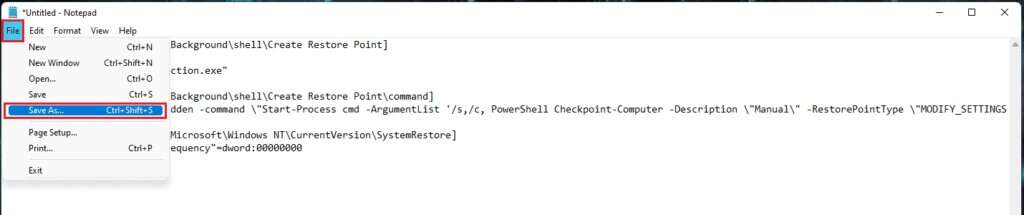 click-on-File-and-select-Save-as-to-save-the-notepad-file-to-create-restore-point-Windows-11-1024x215-1-1024x215 كيفية إضافة قائمة سياق إنشاء نقطة الاستعادة في Windows 11