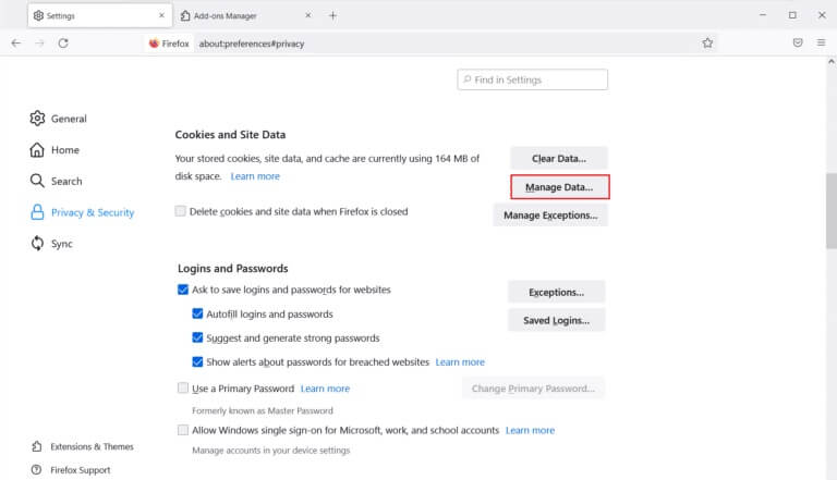 click-on-Manage-data-in-cookies-and-site-data-section-in-Privacy-and-Security-menu-Mozilla-Firefox-768x441-1 إصلاح عفوًا حدث خطأ ما على YouTube
