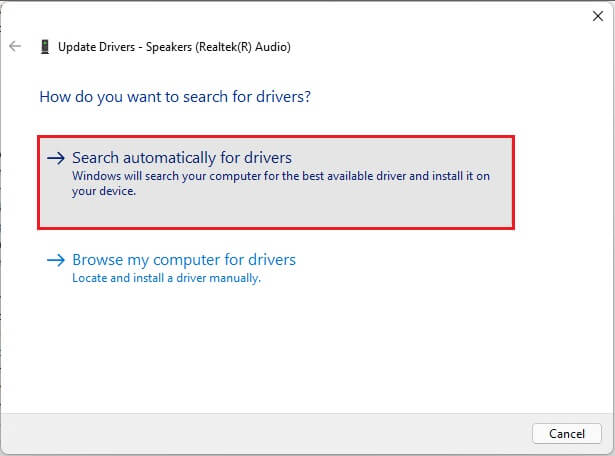 click-on-Search-automatically-for-drivers-in-the-Realtek-audio-Update-driver-wizard إصلاح عدم عمل وحدة التحكم في الصوت Realtek على Windows 11