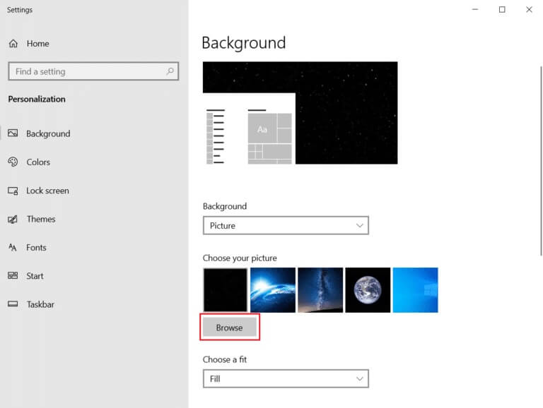 click-on-browse-button-in-the-personalise-setting-768x578-1 كيفية إنشاء سطح مكتب مبسط على Windows 10