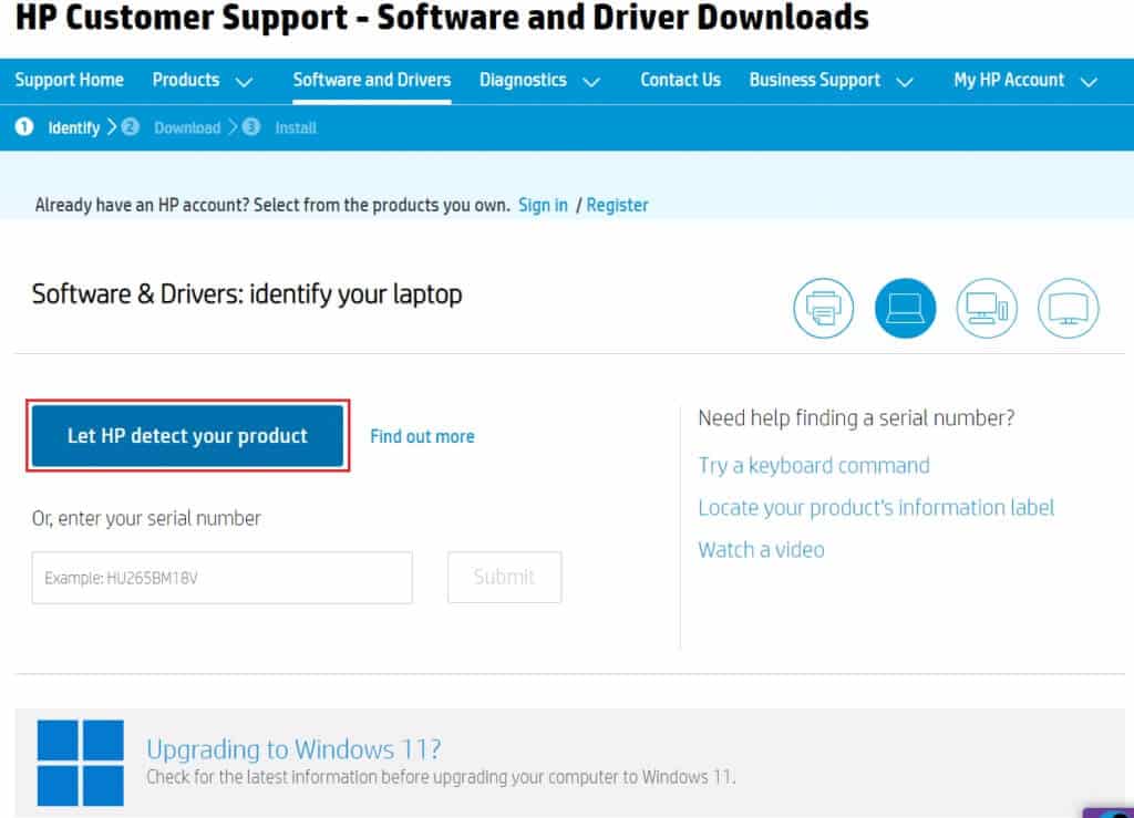 click-on-let-hp-detect-you-product-1024x739-1 إصلاح خطأ تطبيق معرف الحدث 1000 في نظام التشغيل Windows 10