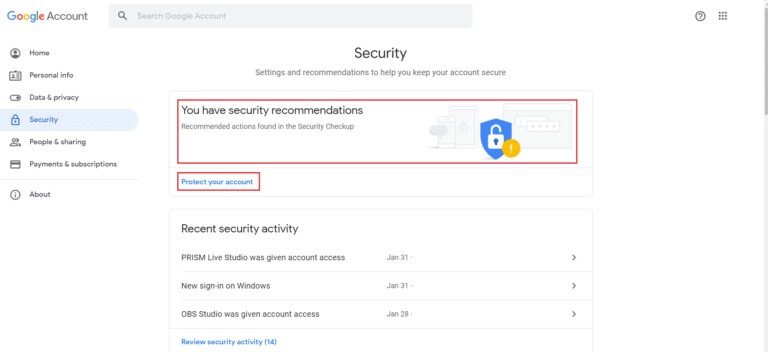 click-on-protect-your-account-if-there-is-any-security-recommendations-in-the-google-accounts-security-menu-768x352-1 إصلاح عفوًا حدث خطأ ما على YouTube