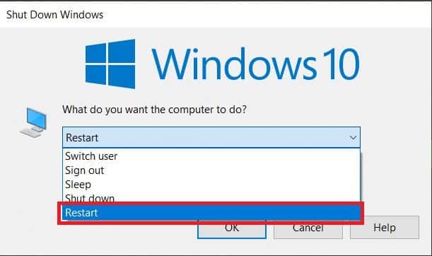 click-on-the-drop-down-box-and-select-the-restart إصلاح خطأ المعالج غير صالح في نظام التشغيل Windows 10