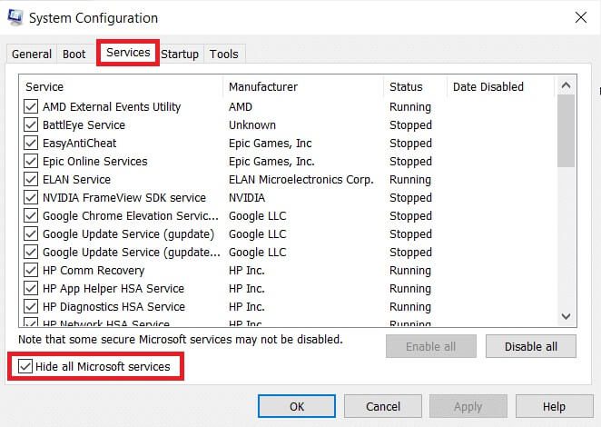 click-on-the-services-tab-check-hide-all-microsoft إصلاح عملية المضيف لإعداد المزامنة