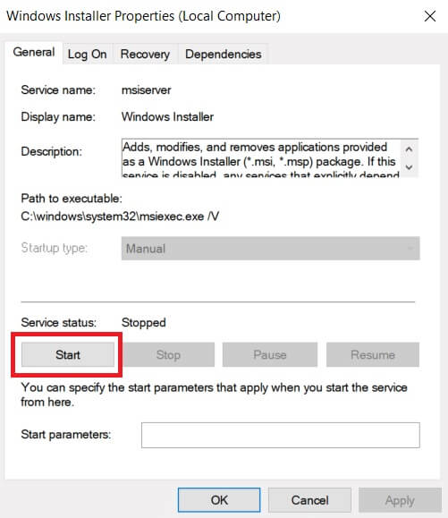 click-start-if-the-service-status-is-stopped إصلاح الميزة التي تحاول استخدامها موجودة على مورد شبكة غير متوفر